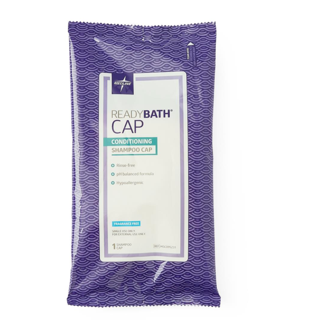 The Medline ReadyBath Rinse-Free Conditioning Shampoo Cap, in a purple packet with a wave pattern, contains a pH balanced, hypoallergenic conditioning shampoo cap that is fragrance-free.